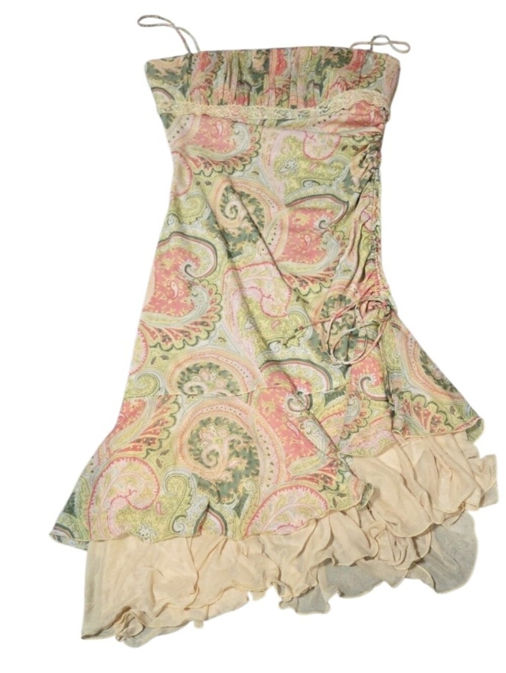 New Vtg Jrs Lg Paisley Ruffled Sundress in Pink, Green & Cream Padded,lined